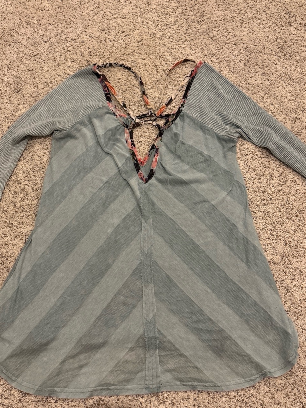 gimmicks by BKE Light Blue Striped Long Sleeve V-Neck Top with Floral Trim